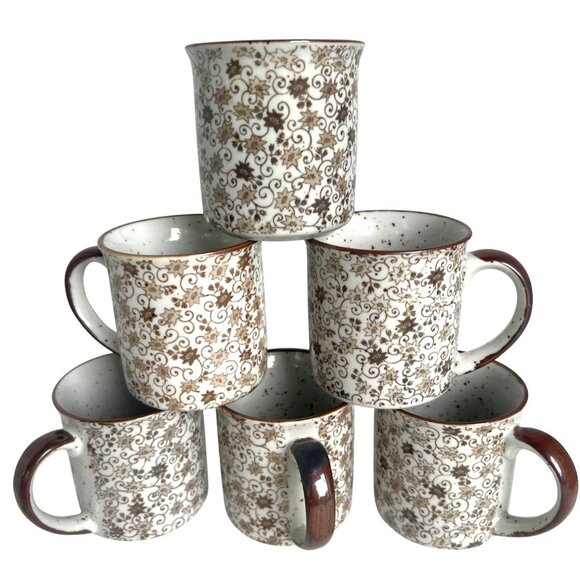 Set Of 6 Chintz Calico Ceramic Coffee Mugs Brown & White Earthtone Floral Speckl - Picture 7 of 7